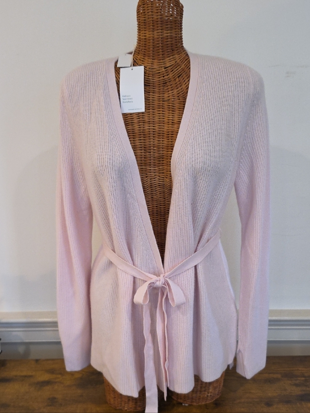 NWT 100% Cashmere Haven Well Within Light Pink Tie-Waist Ribbed Cardigan